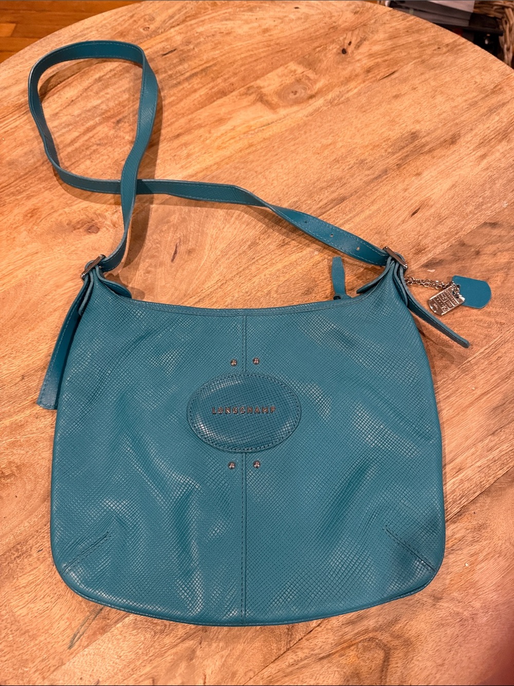 Longchamp Teal Leather Crossbody Bag with Adjustable Strap